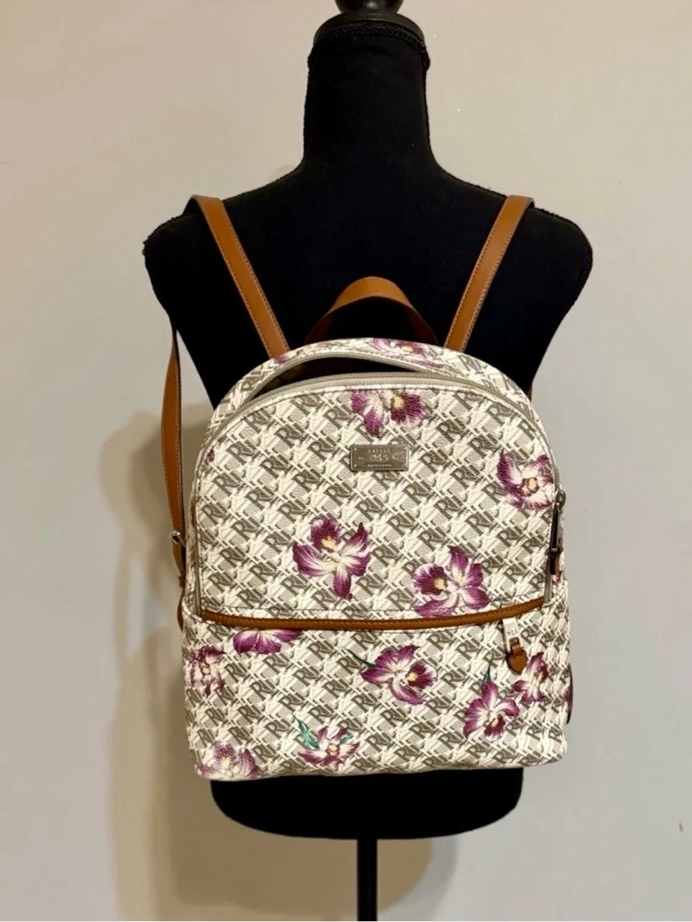 Lauren Ralph Lauren Cream Floral Logo Backpack with Purple Flowers